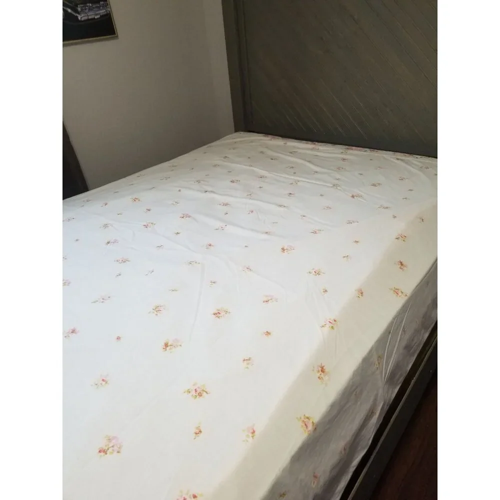 Sears Roebuck Vintage Full Flat Sheet White Pink Flowers 81x104 Perma Prest Perc